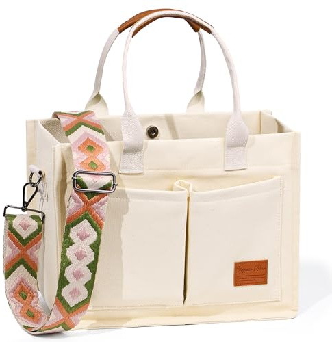 Captain Blues Canvas Tasche Damen, große Tote Bag, Arbeitstasche Damen, Handtasche Umhängetasche Schultertasche mit Fächern für Uni, Schule, Shopper (Beige)