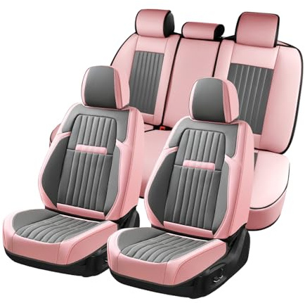 Coverado Car Seat Covers Full Set, Nappa Leather Seat Covers for Cars, Waterproof Car Seat Covers Front Seats and Back, Automotive Car Seat Protector Car Seat Cushion Fit for Most Cars (Pink&Grey)