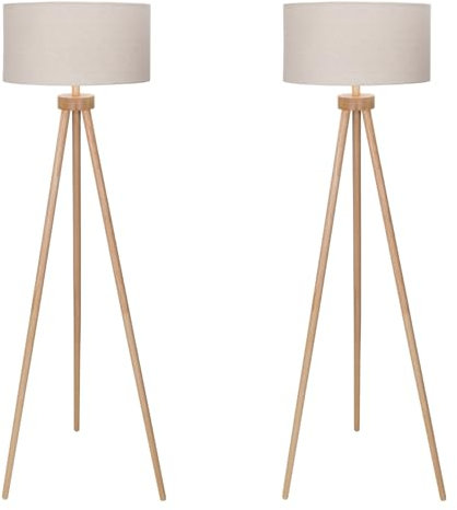 Aigostar Lampara de Pie Salon E27 Retro de Madera Trípode, 2pcs, Sin Bombilla (Max.60W), Pantalla de Lino e Interruptor de Pie, Cable 180 cm, Madera Maciza, Estilo Nórdico