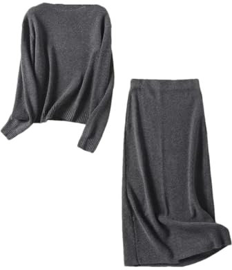Damen-Strickrock-Set, U-Boot-Ausschnitt, Pullover und Strickrock, 2-teiliges Set, Strickset, L