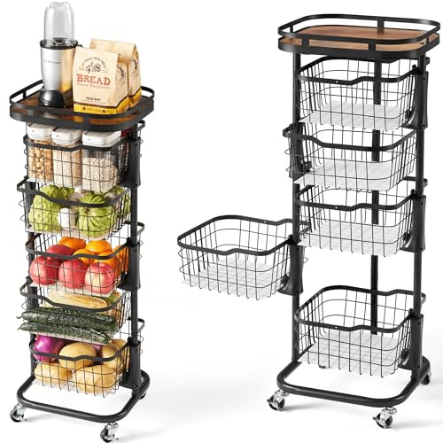 Ocyfym 5 Tier Kitchen Fruit Vegetable Storage Cart with One-Piece Rotating Basket, Pantry Organizer Shelf Rack Floor Stand for Veggie Onion Potato Produce Spice, Rolling Snack Cart on Wheels, Black