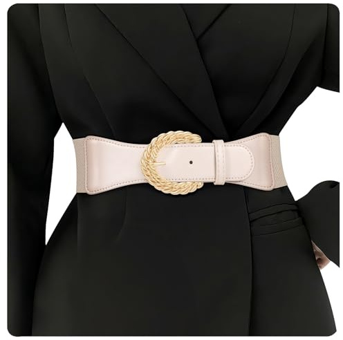 WHIPPY Damen Elastischer Taillengürtel für Kleider Breiter StretchGürtel mit Goldene Schnalle, Beige, 110cm
