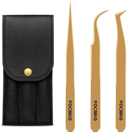 Juego de pinzas para extensiones de pestañas, pinzas de pestañas para extensiones de pestañas individuales clásicas y de volumen, completo con estuche de almacenamiento (dorado, juego de 3 piezas)