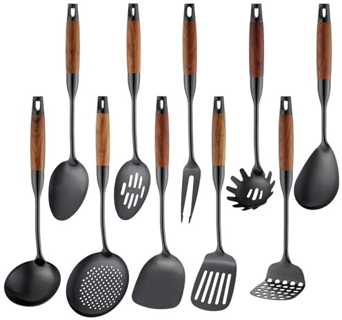 Stainless Steel Kitchen Utensils Set with Wood Handle, 18/10 Metal Cooking Utensils Set, 10 Piece - Spatula, Spoon, Ladle, Skimmer, Slotted Turners, Pasta,Turner, Ladl, Fork