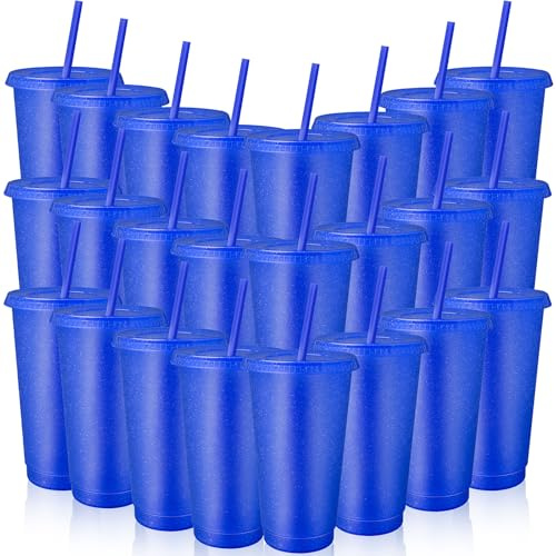SWHCM 24 Stück Plastikbecher mit Deckeln und Strohhalmen, 710 ml Glitzer Iced Kaffee Becher, Wiederverwendbar Kunststoffbecher für Smoothies, Säfte, Geburtstagsfeiern - Partyzubehör (Dunkelblau)