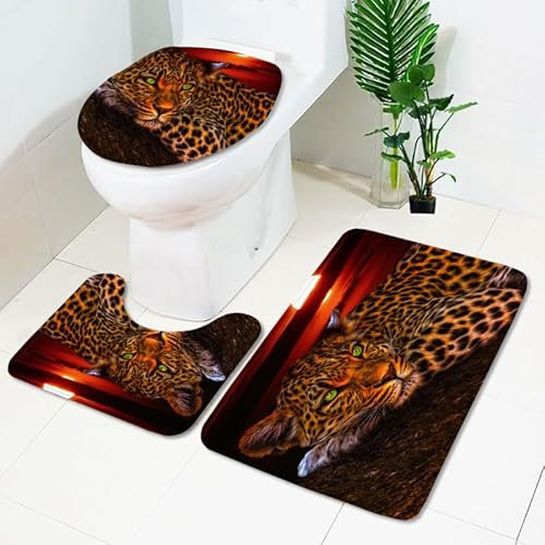 Badezimmerteppich Gelber Roter Leopard WC Vorleger mit Ausschnitt WC Deckelbezug 3 Teiliges WC Teppich rutschfeste Badgarnitur U förmiger Badematte Waschbar Bad Teppiche Set 50x80 cm