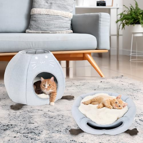 Katzenbett, Faltbare Katzen Katzenhöhle, 40x40x35cm (TxBxH) Katzenhaus Indoor mit abnehmbarem Sherpa Katzenkissen, Katzen Bettchen, Katzenzelt für Hauskatzen Grau
