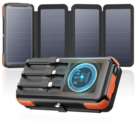 49800mAh Solar Charger Power Bank with Built-in 3 Cables & 4 Solar Panels, 20W Fast Charging Portable Phone Charger, USB C Outdoor External Battery Pack with LED Flashlights for Cellphones, Tablets