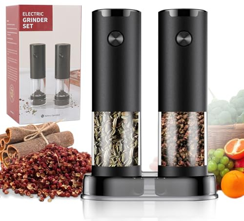 2 Pcs Electric Salt and Pepper Grinder Set, Automatic Battery Pepper Mill Shakers, Adjustable Coarseness Large Capacity Easy Filling with Led Light