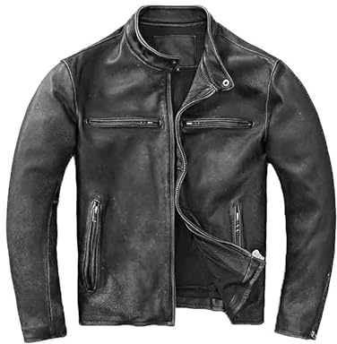 Chaqueta de cuero desgastada para motocicleta | Chaqueta de cuero real para hombre | Ropa de moto para hombre | Con múltiples bolsillos y mangas ajustables, Gris Negro, 3XL