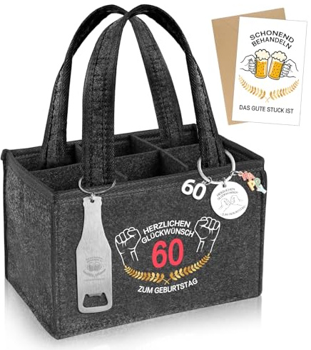 Geschenke 60 Geburtstag Mann, Männerhandtasche Bier mit 60.Geburtstag Schlüsselanhänger, Männerhandtasche Bier Flaschentasche mit Flaschenöffner und Grußkarten, Bierträger für Bierliebhaber (60th)