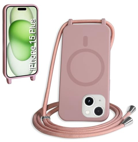 FNPCUON Cover Magnetica Silicone per iPhone 15 Plus con Cordino,Compatibile con MagSafe,Custodia con Laccio Collana Tracolla Collo Sottile TPU Antiurto Protettiva Case con Corda.Rosa