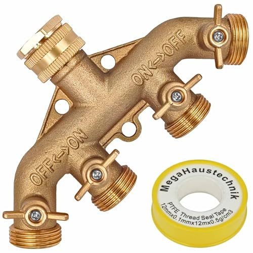 4 Wege Wasserhahn Wasser Verteiler Kugel Ventil aus Messing mit Hahn Anschluss 3/4 und 1/2 Rohr Zoll Innengewinde IG mit Dichtung + Dichtband und 4x 3/4 Aussengewinde AG