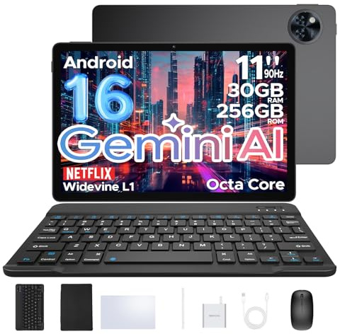 DOOGEE U11 Pro Newest Android 16 AI Tablet, 11 Inch Android Tablets, 30GB RAM+256GB ROM/2TB, 90Hz Octa Core, 8580mAh Battery, Widevine L1|Gemini AI|5G WiFi, Tablet with Pen, Keyboard, Mouse&Case-Black