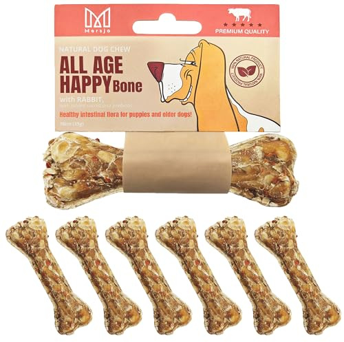 MERSJO 7xALL Age Happy Bone, Funktionaler Kauknochen, Hundeleckerli mit Kaninchen, Karotte, Prebiotikum & Glucosamin – 10 cm, 7x35 g – Weicher Kausnack für Hunde, ideal für Gelenke & Verdauung