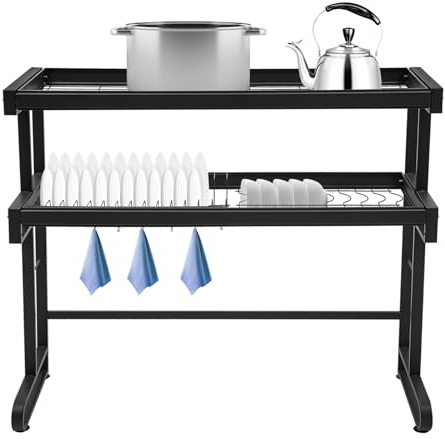 Armanyya Scaffale a 2 livelli sopra il lavello in acciaio al carbonio, portata 40 kg, altezza regolabile con 6 ganci e piedini a ventosa