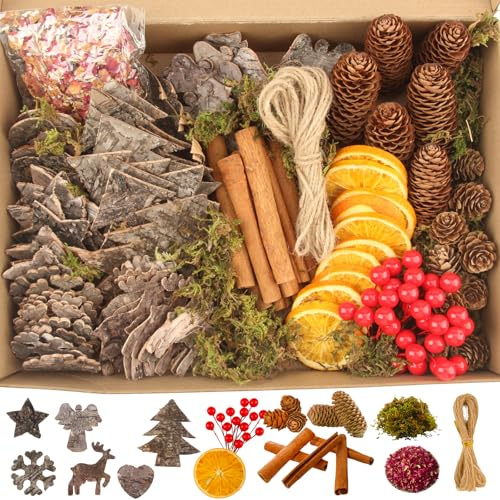 RobLuX 129 Pezzi Potpourri Natalizio Sostituzione Decorazioni Corona Avvento con Cannella Arance Essiccate Decorative Anice Stellato Pignette e Pentagrammi Muschio Spago di Iuta Corona Dell'avvento