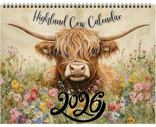 Highland Cow Calendar 2026 – Rustic Farmhouse Wall Art & Monthly Planner, 12 Month Wall Calendar, Scottish Highland Cow 2026 Wall Calendar for Animal Lovers