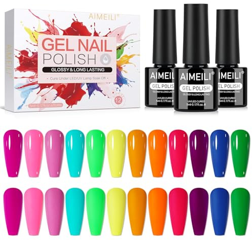 AIMEILI Neon Gel nagellack set 12 st, grymhetsfri, vegan, blötläggning UV LED gel polish nagelkonst manikyrsalong gör-det-själv för kvinnor – kit 35