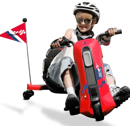 ELEMARA Drift Kart, 12V Elektro Gokart für Kinder mit Schrittloser Geschwindigkeit,Verstellbarem Sitz, Drift Trike mit Musik, Bluetooth, Licht, Pennant, Kinder Elektroauto ab 6 Jahre, Rot