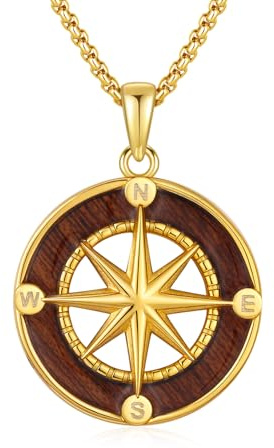 REDSUN Kompass Kette Damen 925 Sterling Silber 14K Vergoldet Gold mit Naturholz Ebenholz Talisman Reiseschmuck Holzkern Schmuck für Damen Frau Männer Abschlussgeschenke Geburtstagsgeschenk
