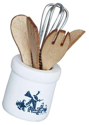 AOOOWER 1/12 Set di posate da cucina in miniatura Utensili in legno con supporto in ceramica per casa delle bambole Display scena di cucina Set di posate per casa di bambole