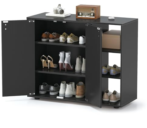 COSTWAY Zapatero Entrada Recibidor, 2 Puertas, Mueble Zapatero de 3 Niveles con Estantes Ajustables, Mueble Auxiliar Madera Entrada Pasillo Salon, 80 x 31 x 64,5 cm (Negro)
