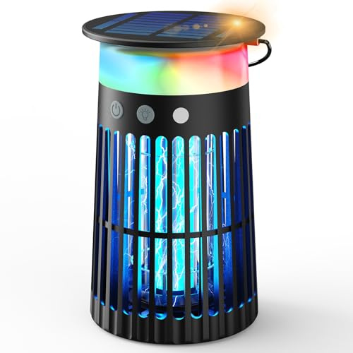 Dnenellr Solar Insektenvernichter Outdoor, Elektrische Mückenfalle 4200V, IPX5 Wasserdicht, USB-C und Solarbetrieben, 4000mAh Akku, Kabellos für Garten, Terrasse, Balkon und Innenräume