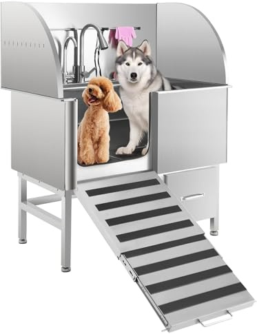 Dog Washing Station, 60” Stainless Steel Grooming Tub with Foldable Anti-Slip Ramp, Adjustable Height Grate, Pull-Out Shower & Large Storage Drawer for Large, Medium and Small Pets, Left Door