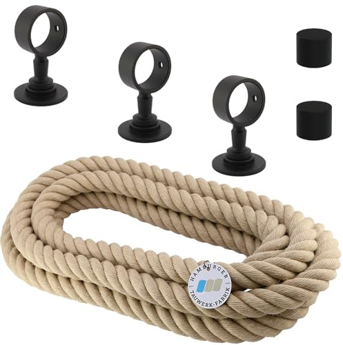 Handlaufseil-Set Ø 30 mm – 3 m Polyhanf-Seil „Nature Touch“ naturfarben mit 2 Endkappen & 3 Seilträgern, schwarz matt | Treppe & Geländer