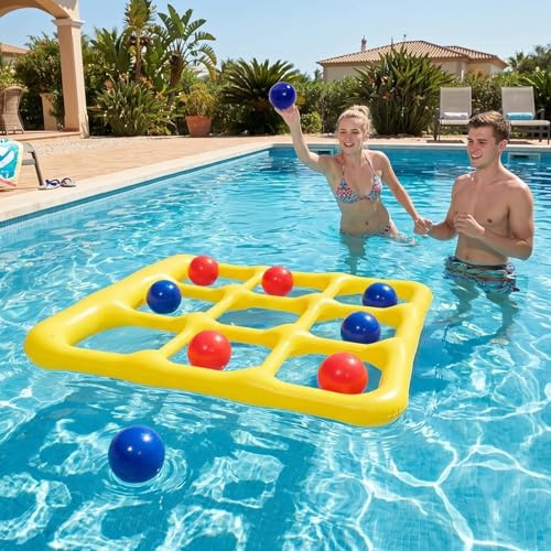 CYFIE Pool leksak Tic Tac Toe, uppblåsbar 3 x 3 nät vattenleksak med 10 bollar och 2 pumpar, vattenleksaker vuxna, pooltillbehör kul för pool, strand och trädgård, vattentät kastleksak