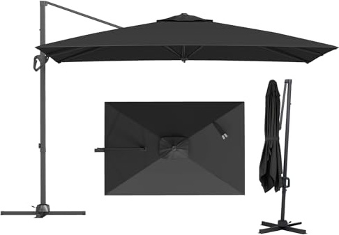 COSTWAY Ombrellone da Giardino 300 x 200 cm, con Rotazione a 360°, Inclinazione Regolabile, Base, Manovella e Parte Superiore Ventilata per Spiaggia, Terrazzo e Piscina (Grigio)
