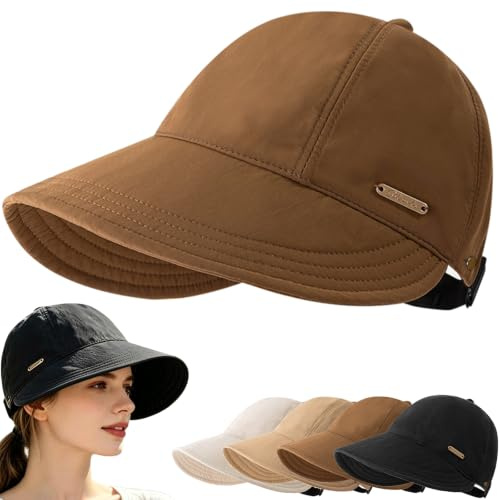 Women's Wide Brim Sun Visor Hat, UPF 50+ UV Protection Cap for Ponytails, Adjustable Packable Visor Cap for Hiking Golf (Brown)