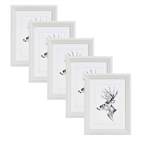 WOLTU Bilderrahmen 13x18cm 5er Set Fotorahmen Holzrahmen mit Passepartout, zum vertikalen oder horizontalen Aufhängen/Aufstellen, Posterrahmen Collage Wanddeko, Weiß