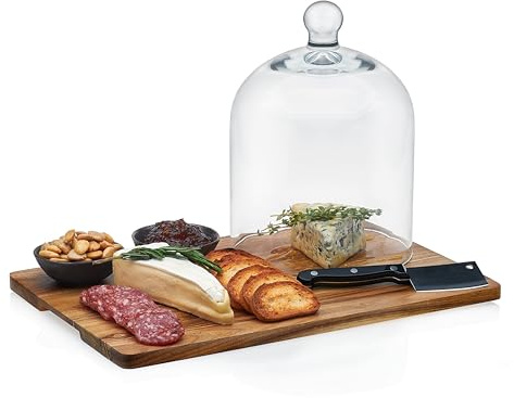 Libbey 4-Piece Acaciawood Cheese Board Set, Round Charcuterie Board with Glass Dome, Knife and Bowls, Charcuterie Boards Gift for Weddings, Parties
