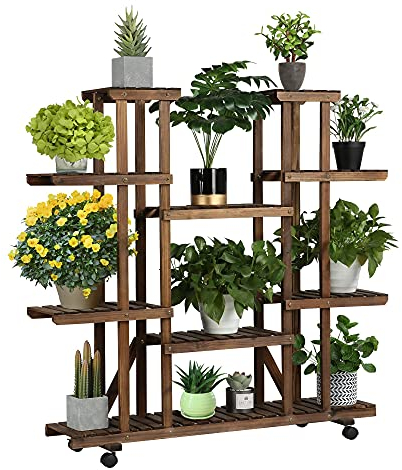 Yaheetech Soporte para Plantas Interior Estanteria Madera para Plantas con Ruedas Desmontable Estante Decorativa de Macetas 124x33x120cm