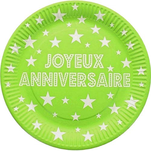 Fetez Lot de 20 Assiettes Rondes Carton Vert Clair, Joyeux Anniversaire et étoiles Blanches, Diam. 22,5cm