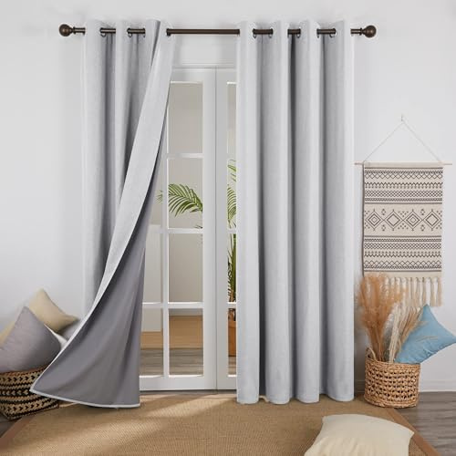 Deconovo 100% Blickdichte Gardinen Verdunkelungsvorhang Leinenimitation Total Verdunkelung Thermovorhang Wohnzimmer mit Ösen 183x132 Hellgrau 2er Set