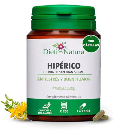 Dieti Natura Hipérico 200 Cápsulas - Hierba de San Juan con Flavonoides y Hiperforina - Recupera el Equilibrio Emocional y la Relajación - Antiestrés y Buen Humor - Garantía sin OGM