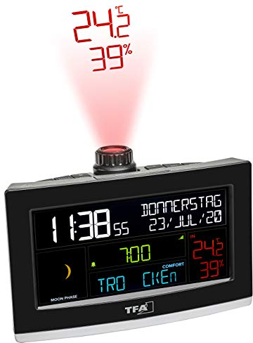 TFA Dostmann Projektionswecker WLAN Show, 35.8002.01, mit Projektion der Uhrzeit, Weckalarm, kostenlose View App, Kurzschlaftimer, Raumklima, schwarz