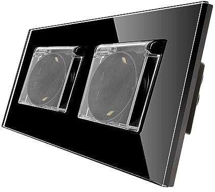 CNBINGO Glas Schuko Doppelsteckdose Unterputz - mit wasserdichtem Deckel | Wandsteckdose einfach in Schwarz - mit Glasrahmen- Geeignet für Waschräume, Küchen