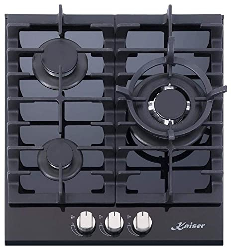 Kaiser Kochfeld 45cm Autark/Gaskochfeld/3,8 kW WOK Brenner/Gas-kochstelle/Elektro/Gaskocher/Kochmulde/Erdgas und Propangas/Gas auf Schwarzem Glas/Glaskeramik Gaskochfeld Einbau/3 Hochwertige Brenner