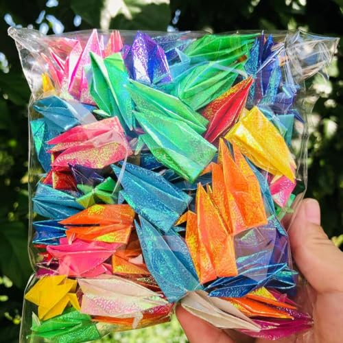 100Pcs Iridescent Premade Origami Birds Paper Cranes Folded 1000 Japanese Cranes Mobile String DIY Garland for Wedding Party Backdrop Decorations (Mutil Color, 7CM)