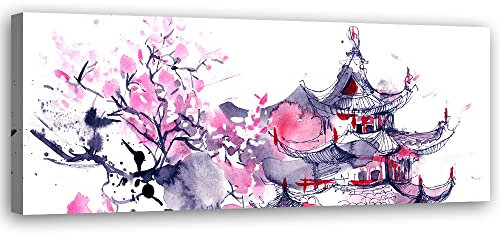 Feeby Impression sur Toile Intissee Japon Aquarelle Asie 150x50 cm Tableau Moderne Tableau Photo Chambre à Coucher Pagode Fleur de cerisier Abstrait Oriental rose