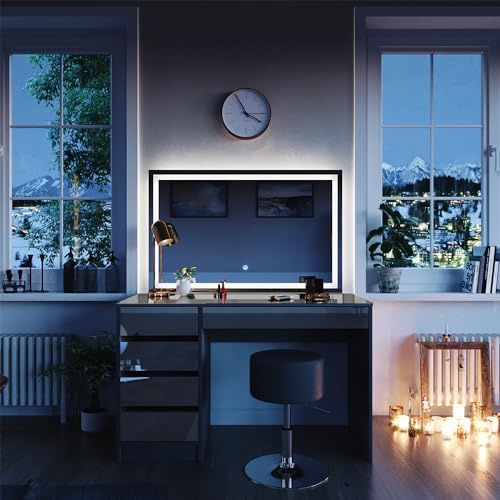 Vicco Schminktisch Sherry, Anthrazit, 120 cm | mit LED-Spiegel und Hocker, mit LED-Beleuchtung und gepolstertem Sitzhocker