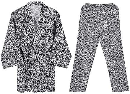 Haozaikeji Men's Japanese Yukata Set - Short Kimono Nightwear - Cotton Loose Pajamas Suit for Hotel Home