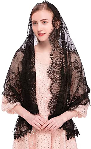 runrayay Pañuelo de Encaje Negro, Pañuelo para la Cabeza Velo de Capilla Rectangular Spanis Velos Florales Mantón para Cubrir la Cabeza En Masa