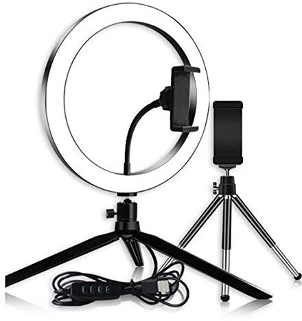 HMTE Luz de Relleno LED de Arco 4 en 1 de 26 cm, Dos Soportes de trípode de Escritorio, Soporte para teléfono móvil, Juego de Luces de Relleno Especiales para transmisión en Vivo