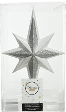Kaemingk Christbaumspitze Kunststoff 25cm Stern mit Glitzer Weihnachtsbaumspitze weiß winterweiß Silber
