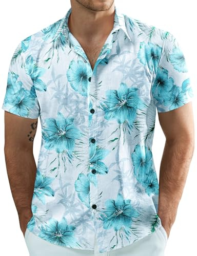 JOGAL Men's Flower Casual Button Down Short Sleeve Hawaiian Shirt Fresh Blue Large